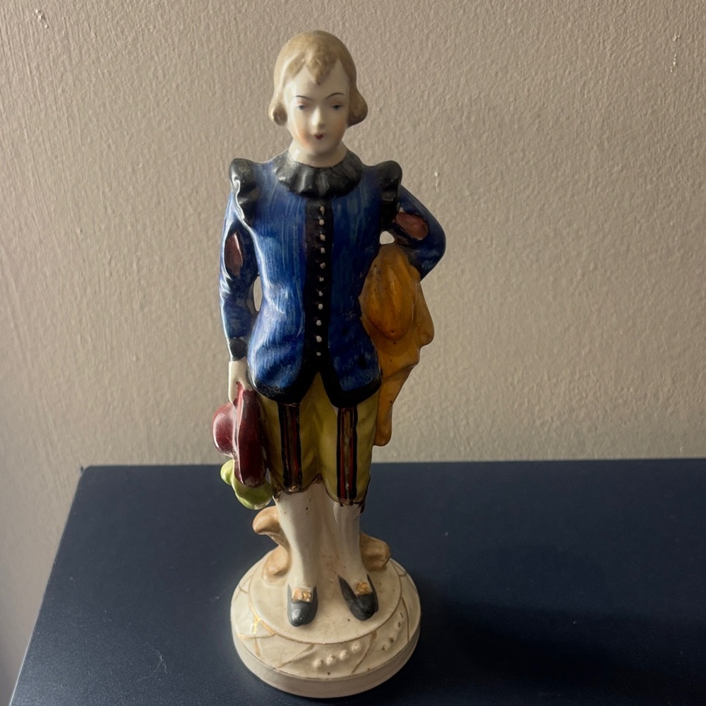Vintage Ceramic Figurine in Blue and Yellow 7.5”